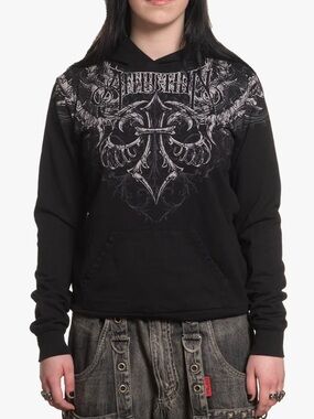 Affliction Womens Vertebrate Pull Over Graphic Sweatshirt Hoodie Black M Gothic